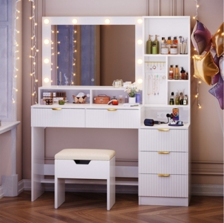 HOMALL Schminktisch LED-beleuchteter Schminktisch mit Hocker und Schubladen (Maße: 114 × 40 × 149 cm Schminktisch mit 5 Schubladen, 7 offenen Ablagefächern und 12 Schmuckhaken)
