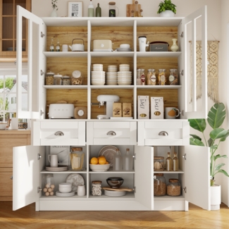 Merax Hochschränke fürs Wohnzimmer(140×38.5×175cm), Vitrinenschrank, Küchenschrank, Esszimmerschrank mit Schubladen, Hochschrank, Weiß