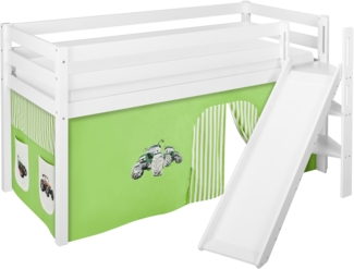 Lilokids 'Jelle' Spielbett 90x200 cm, Trecker Grün Beige, Kiefer massiv, mit schräger Rutsche und Vorhang