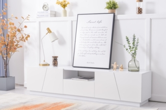 TV-Lowboard Weiß mit Glanzfront, modernes MDF TV-Schrank 170 cm, viel Stauraum, 4 Türen & 2 offene Fächer, Wohnzimmerboard