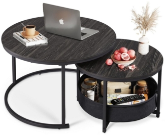WLIVE Couchtisch Couchtisch 2er‑Satztisch rund mit Stauraum, (Beistelltisch mit Stoffkorb & Metallgestell, Holzoptik, 2er Set), 2 in 1 Verschachtelung