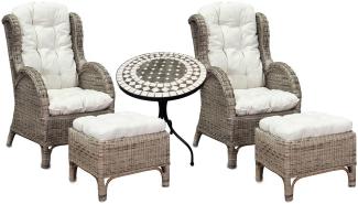 Luxus Rattan Set 2 x Relaxsessel mit Fußhocker + Mosaiktisch