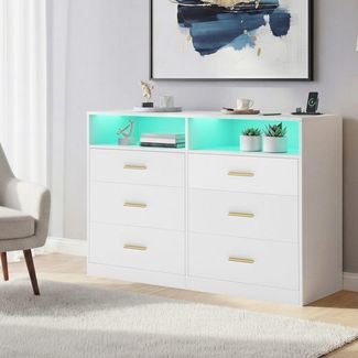 VASAGLE Kommode mit LED-Beleuchtung und Ladestation, 6 Schubladen, modern, Schlafzimmer Wohnzimmer, weiß