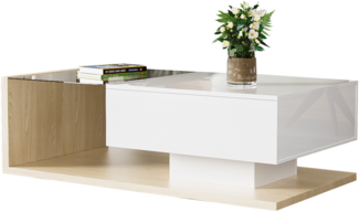 Couchtisch in Hochglanzwei? und Holzfarbkombination. Beistelltische, Couchtische mit Glas und LED-Effekt