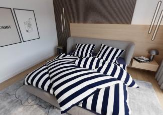 Mako Satin Bettwäsche Blocksteifen dunkelblau 155x200 + 80x80