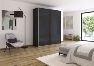 rauch Quadra, Kleiderschrank, Schiebetürenschrank, 2-türig, mit 2 Kleiderstangen und 4 Einlegeböden, Farbe Grau metallic, BxHxT 181x229x62cm