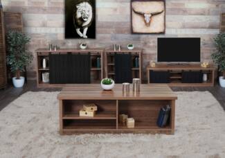 Wohnzimmerset aus TV-Rack, Sideboard, Kommode und Couchtisch HWC-K75, Schiebetür Staufächer, Industrial ~ braun