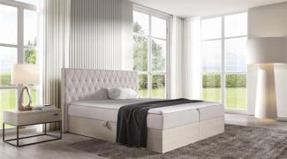 Boxspringbett Bett BROMIA 140x200 cm Nordic Teak Stoff Hellbeige inkl. Bettkasten