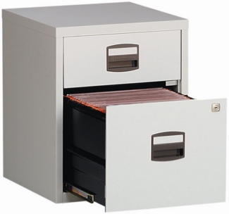 Bisley Home Beistellschrank auf Rollen mit Schloss aus Stahlblech, 1 Universal-Schublade + 1 Hängeregistratur-Schub einbahnig abschließbar - für Hängemappen & Büromaterial - Farbe: lichtgrau, PFAM1S1F-645
