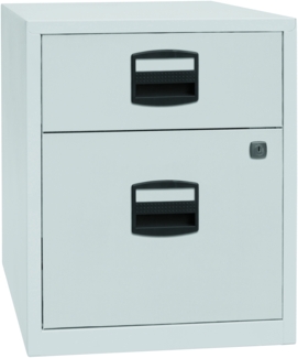 Bisley Home Beistellschrank auf Rollen mit Schloss aus Stahlblech, 1 Universal-Schublade + 1 Hängeregistratur-Schub einbahnig abschließbar - für Hängemappen & Büromaterial - Farbe: lichtgrau, PFAM1S1F-645