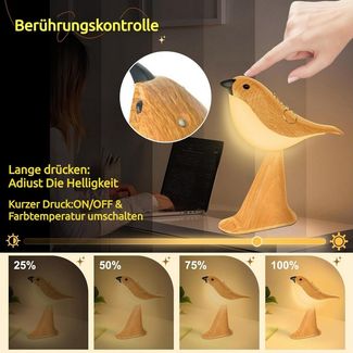 QUBEBU LED Nachttischlampe Nachtlicht Kabellos Tischlampe Vogel Nacht Touch Dimmbare Aufladbar, Dimmbar & Timer, LED fest integriert, mit Fernbedienung, 2600mAh, Kaltweiß & Warmweiß & Neutralweiß, Nachtlicht für Kinder Erwachsene, kreative Geschenke fü...