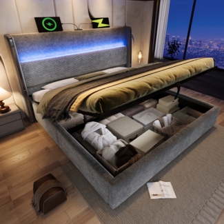 Merax Polsterbett, 160x200cm Doppelbett , Modernes Hydraulisches Bett mit Hohem Kopfteil, mit LED-Beleuchtung, Stauraum & USB/Type-C-Anschlüssen, in Leinen Optik Grau