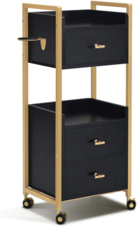 M MCombo Friseurwagen mit Rollen & 3 Schubladen, Rollwagen Servierwagen, Salon Trolley mit 2 Ablagen & Föhnhalter, Moderner Arbeitswagen für Bad Wohnzimmer, 30x40x95cm, 0022 (Schwarz-Gold)