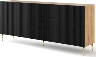 Domando Sideboard Moneglia M2 Klassisch Breite 200cm, Push-to-open-Funktion, besondere Fräsoptik, goldene Füße in Artisan Eiche Schwarz Matt und Goldfüße