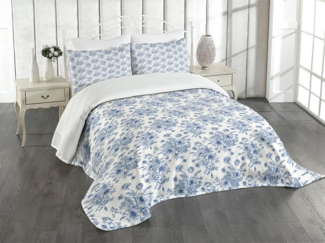 Abakuhaus Tagesdecke Set mit Kissenbezügen Waschbar, Blau und Elfenbein Anemonen und Eustoma