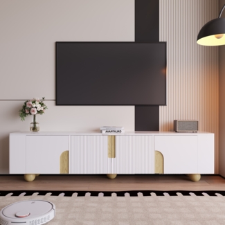 Wei?er TV-Schrank 180 cm, 4 Tren, elegantes Design, Marmoroptik-Oberfl?che, kugelf?rmige Holzf?e