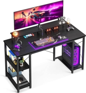 ODK Gaming Schreibtisch Schwarz mit Monitorständer und Regal 120x50 cm