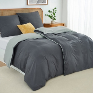 Topfinel Bettwäsche 135x200 cm, Seersucker Bettwäsche-Sets, bügelfrei, allergiker, kühlende, 100% Mikrofaser, 4 teilig, 4-tlg. Dunkelgrau/Hellgrau:2 Btz. 135x200+2 Ktz. 80x80, m. Reißvers.