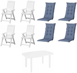 SET Tampa + Faro 4 x Klappsessel weiß, 1 x Tisch weiß, 4 x Auflage kobalt
