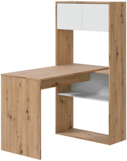 Dmora Apogee-Schreibtisch, multifunktionaler umkehrbarer Eckschreibtisch mit Bücherregal, Arbeits- oder Bürotisch mit mehreren Positionen, 108 x 70 x 140 cm, weiße und geknotete Eiche