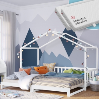 Bellabino 'Bia' Hausbett 90x200 cm/180x200 cm mit 2x 90x200 cm Matratze, weiß, Kiefer Massivholz, Bodenbett in Hausoptik, ausziehbares Kinderbett mit Lattenrost