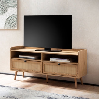FINEBUY Lowboard FB106345 (Eiche Dekor 120 cm, Schublade Stauraum Geflecht), TV-Kommode Hoch, TV-Schrank Modern Fernsehtisch