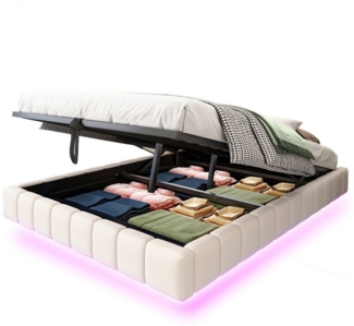 OKWISH Polsterbett Funktionsbett,Kinderbett,Jugendbett,Gästebett (mit Stauraum und LED-Beleuchtung – Multifunktionales Design ohne Kopfteil, Luftdruck-Lagersystem, Robuster Metallrahmen für 250 kg Belastbarkeit, Perfekt für Schlafzimmer und moderne Woh...