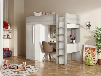 Vente-unique - Hochbett mit Schreibtisch & Kleiderschrank - 90 x 200 cm - Holzfarben Grau & Weiß - NICOLAS