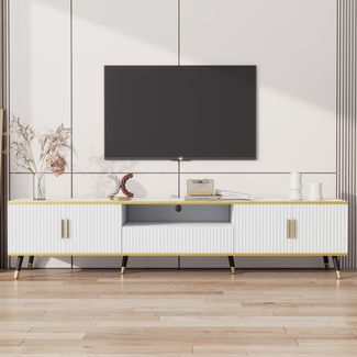 TV-Schrank 200 x 40 x 46 cm aus Spanplatte in Weiß mit Marmoroptik, 2 Türen & Schublade