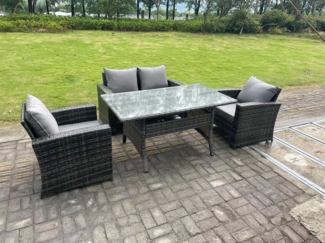 Fimous 4 Sitzer Outdoor Dunkelgrau gemischt Hoher Rücken Rattan Sofa Esstisch Set Gartenmöbel mit Sesseln