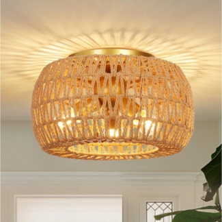 MUPOO Deckenleuchte Boho Deckenleuchte mit Rattan Lampenschirm,Rattan Deckenlampe Hängend, LED fest integriert, E27 Vintage Industrielle Deckenlampe mit 3 Glühbirnen,für Wohnzimmer