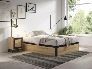 Vente-unique - Bettgestell mit Bettkasten - 160 x 200 cm - Holzfarben hell & Schwarz - NAMOSI von YSMÉE