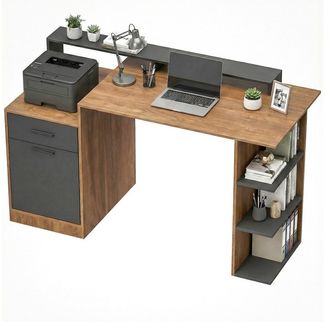 HOMCOM Schreibtisch PC Tisch für Home Office (Computertisch, 1-St, PC Tisch), mit Schublade, Schrank, Regalen