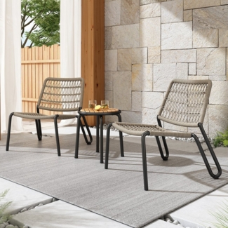 KLAM HOME Gartenlounge-Set Balkonset Gartenlounge-Set, (3-tlg), 1 Tisch und 2 Stühle,2 Personen, (verzinktem Stahl, handgeflochtenes Seil, Tischplatte aus Massivholz), Gartensitzgruppe geeignet für Terrasse, Garten und Balkon, Schwarz
