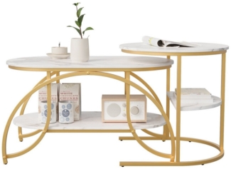 Furnishings Home Couchtisch Rund Kaffeetisch Beistelltisch Satztische 2er Set (2-St, Ideal für Wohnzimmer & Büro, Platzsparendes stapelbares Design), Mit Marmormuster Tischplatte, 80 x 46 x 45 cm + 52x51 cm