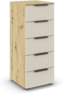 Rauch Möbel Flipp, Kommode für Schlafzimmer, Kinderzimmer, Wohnzimmer, Jugendzimmer, Flur, Garderobe, 5 Schubladen, mit Softclose Funktion, Farbe Eiche Artisan, Holz/Beige, Breite 40 cm