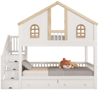 TavilaEcon Etagenbett Hausbett Kinderbett mit Fenster, Zwei Schubladen mit Rollen,90x200cm (Ohne Matratze), Treppe mit 4 Ablagefächern, Weiß+Natur