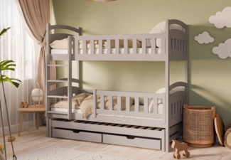 Kids Collective Etagenbett Hochbett Kinderbett 90x200 cm mit Lattenrost und Rausfallschutz, mit Ausziehbett, zwei Schubladen optional drei Matratzen, Kaschmir