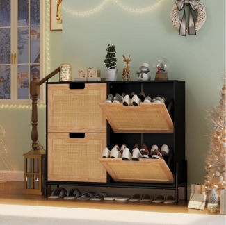 GarveeMore Schuhschrank Rattan mit 4 Klappen,Schmal Schuhkipper,100 x 24 x 88 cm Schuhkommode 4 Flip Tür mit 8 Ablageflächen für Eingang,Flur