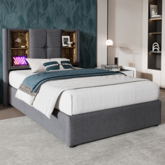 Polsterbett 90x200 cm mit kabelloser Ladestation, USB & Typ-C Anschlüssen,Kopfteil mit Ablagefächern, Baumwolle Grau