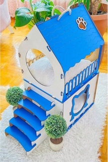 Jungengel Katzenliege 2-stöckiges Katzenhaus mit Treppe & Fenster aus Holz, Blau-Weiß, Mit Geländerbalkon, Fensteröffnungen & niedlichem Katzenmotiv