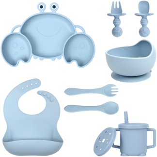 Silikon-Babygeschirr-Set mit Saugnäpfen, 8-teiliges Set, Kinder-Essgeschirr-Set, beinhaltet rutschfeste Teller, Schüsseln, Becher, Löffel und Gabeln, BPA-frei (grau-blau).