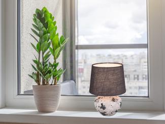 Kleine bauchige Keramik LED Tischleuchte Stoffschirm Grau, Höhe 25cm