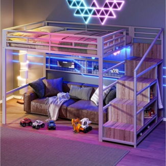 Ulife Hochbett Jugendbett mit LED-Beleuchtung, Kleiderschrank, Stauraumleiter (Ohne Matratze) Gitter zum Aufhängen von Gegenständen, 140x200 cm