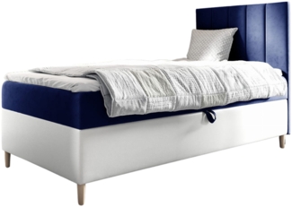 MEBLINI Kinderbett mit Bettkasten MAYA 1 80x200 Rechts – H3/Blau Samt Gepolstert Einzelbett mit Matratze - Polsterbett mit Stauraum - Bett mit Kopfteil – Stauraumbett
