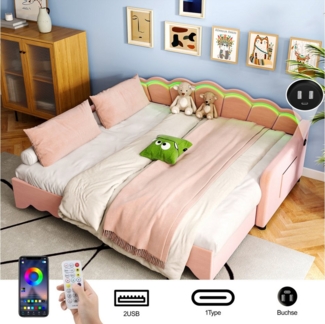 oyajia Daybett Polsterbett 90x190 cm mit Ausziehbett 180x190 cm, Samt Polsterbett Schlafsofa Kinderbett Tagesbett mit LED-Beleuchtung