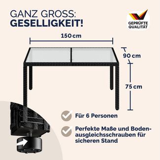 Casaria Gartentisch, Wetterfest 150x90cm Polyrattan Höhenverstellbar 5mm Sicherheitsglas