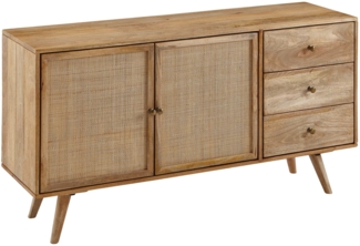 Design Sideboard 140 x 75 x 40 cm Mango Massivholz / Rattan, Kommode 3 Schubladen, Hoher Kommodenschrank Holz Massiv, Standschrank Wohnzimmer, 2 Türfächer Rohrgeflecht