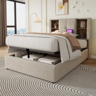 TavilaEcon Boxspringbett Polsterbett, Hydraulisch Stauraumbett mit Kabellosem Laden, mit vier offenen Ablagefächern am Kopfteil