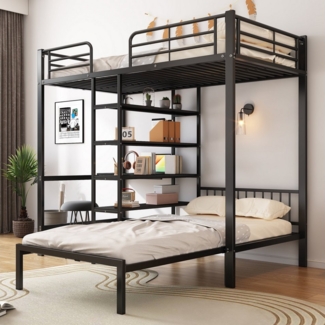 HAUSS SPOLE Etagenbett 90x200cm mit Tisch und Regalen, Leiter, vier Seitengitter Schwarz (goldener Rahmen, minimalistisches Design, 90x200cm), ohne Matratze